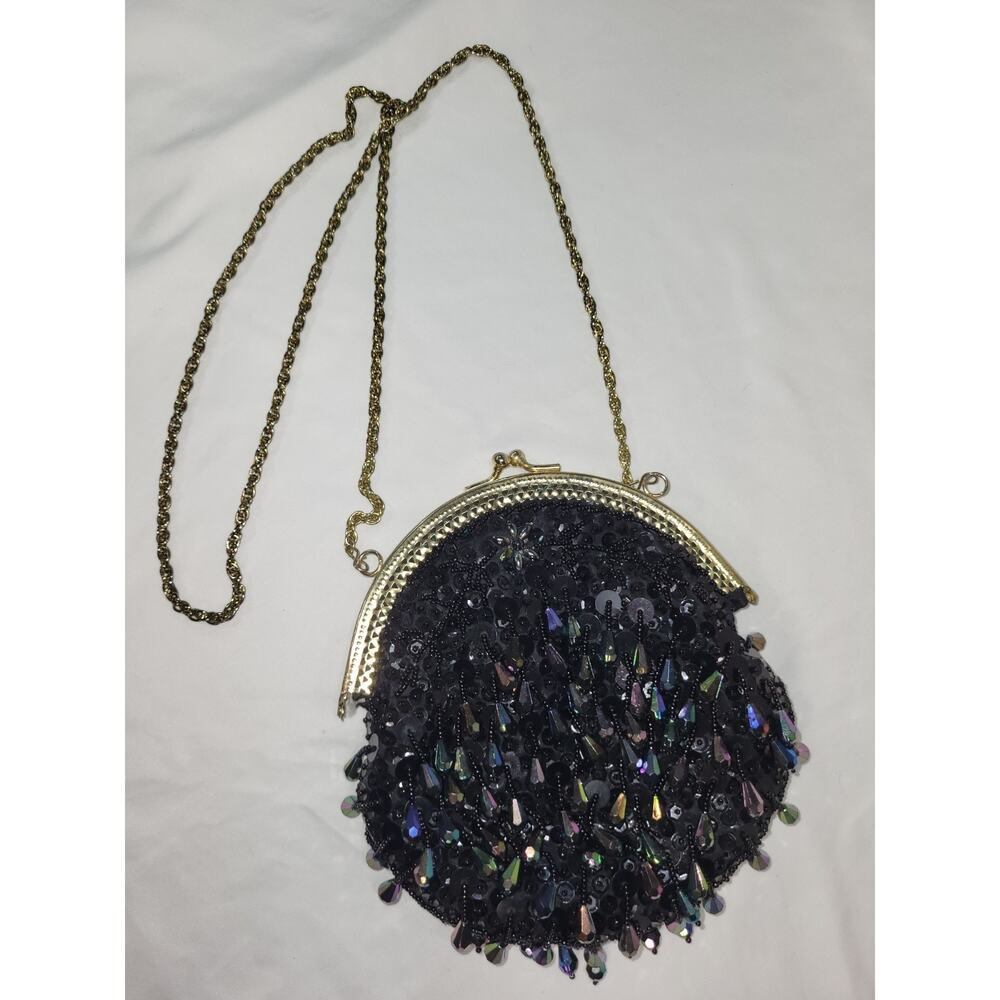 Vintage Black Fringe Sequin Beaded Clutch with Metal Strap